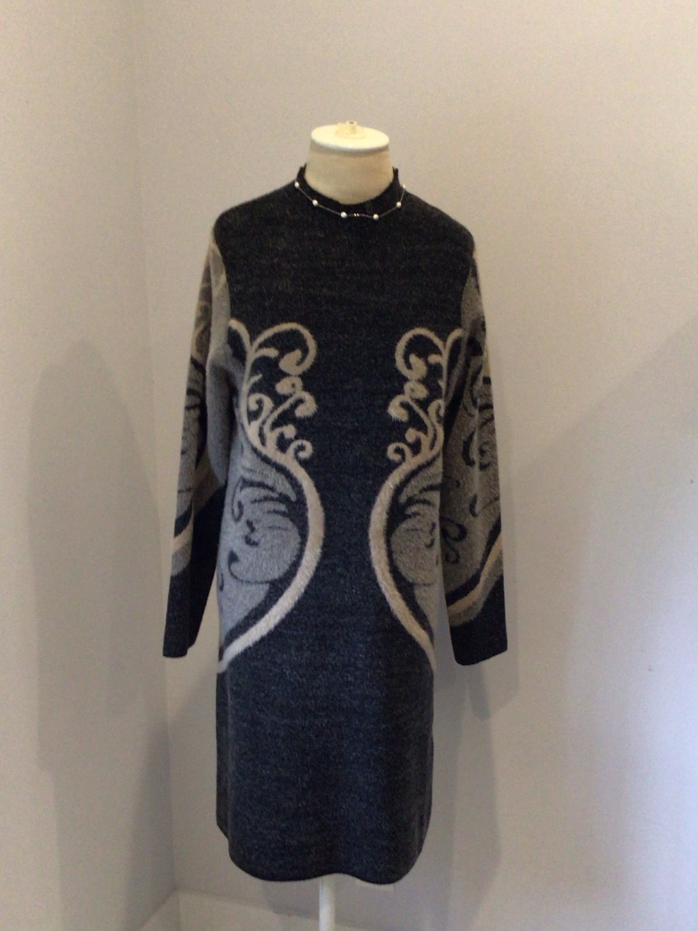 Women's Charcoal Gray Patterned Knit Turtleneck Sweater Dress